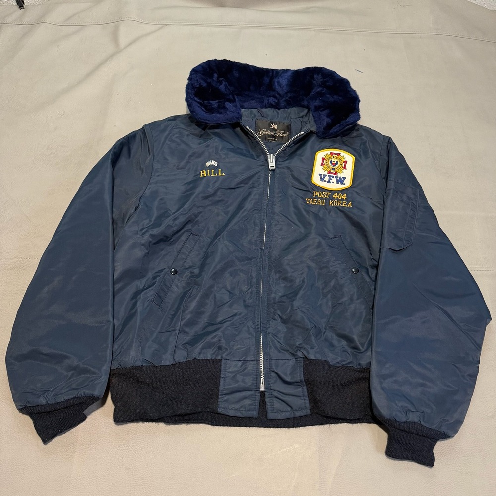 VTG 80s Golden Fleece VFW Post 404 Taegu Korea‎ Bomber Jacket Navy Fur Military-